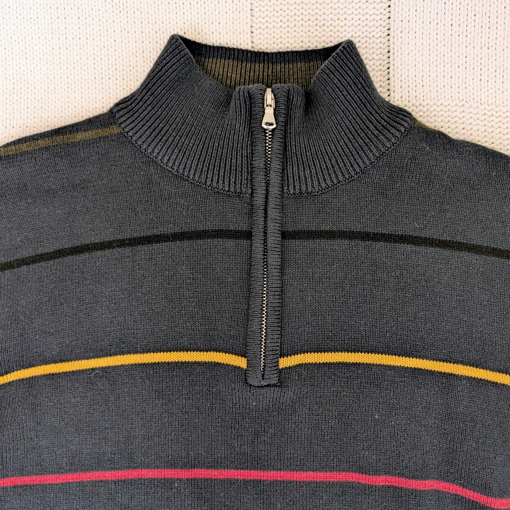 Tomodachi Men's Knit Sweater Navy Blue Striped 1/4 Zip Cotton Size Large Preppy - Picture 6 of 8